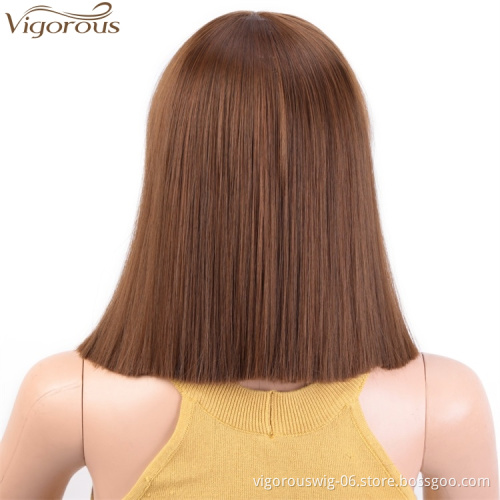 Wholesale Short Bob Wig With Bangs Brown Mix Blonde Cheap Bob Wig Heat Resistant Synthetic Straight Full Head Hair Wig For Women